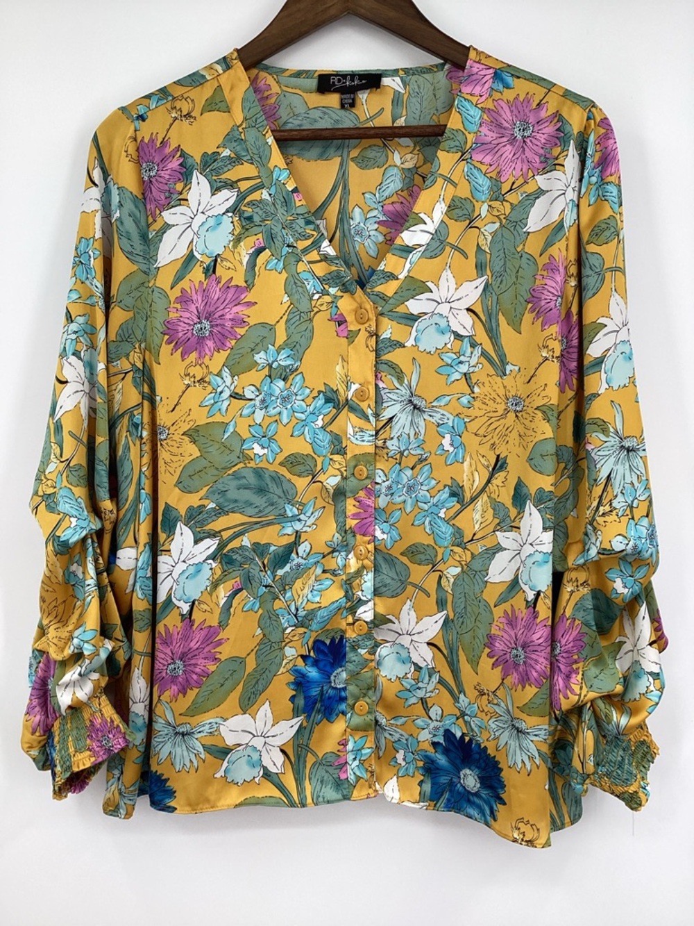 RD & KOKO by Anthropologie Satin Floral V-Neck Button Blouse in Yellow